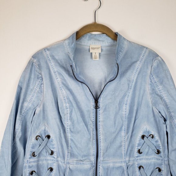 Chicos Zenergy womens 1 Medium blue lightweight full zip 3/4 sleeve jacket - Picture 7 of 10